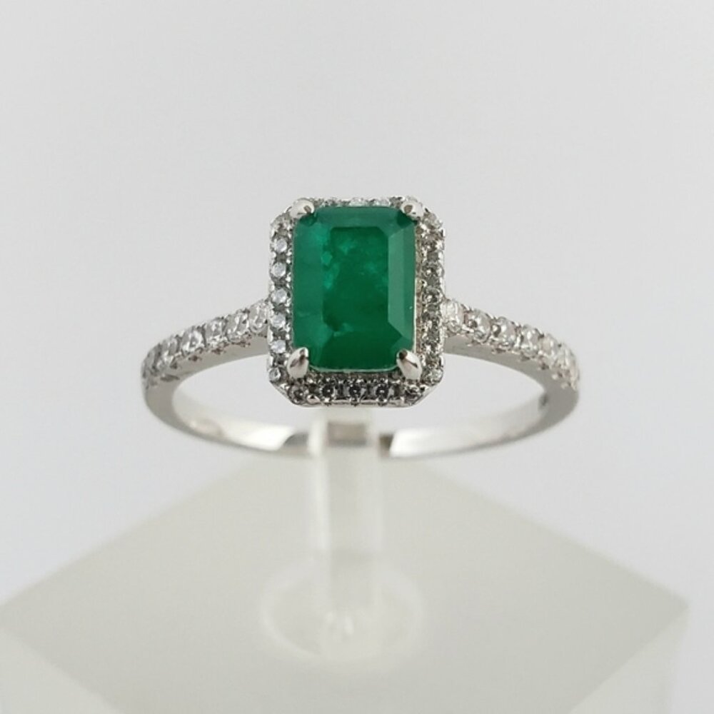 Sterling Natural 1ct Emerald and Diamonds Ring